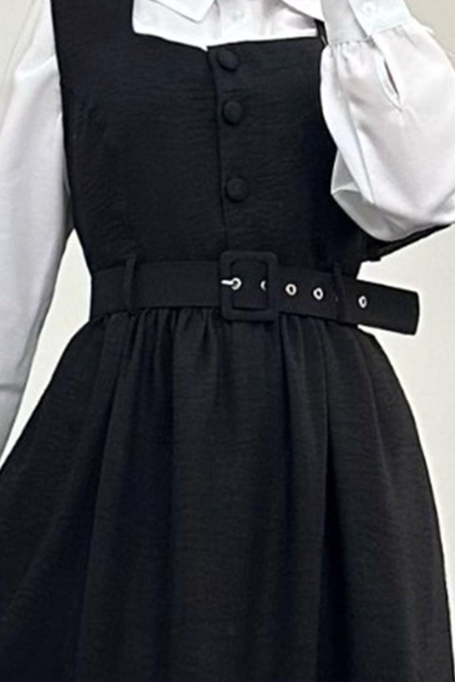 Tesettür giyim SİYAH KEMERLİ JİLE ELBİSE T 7945