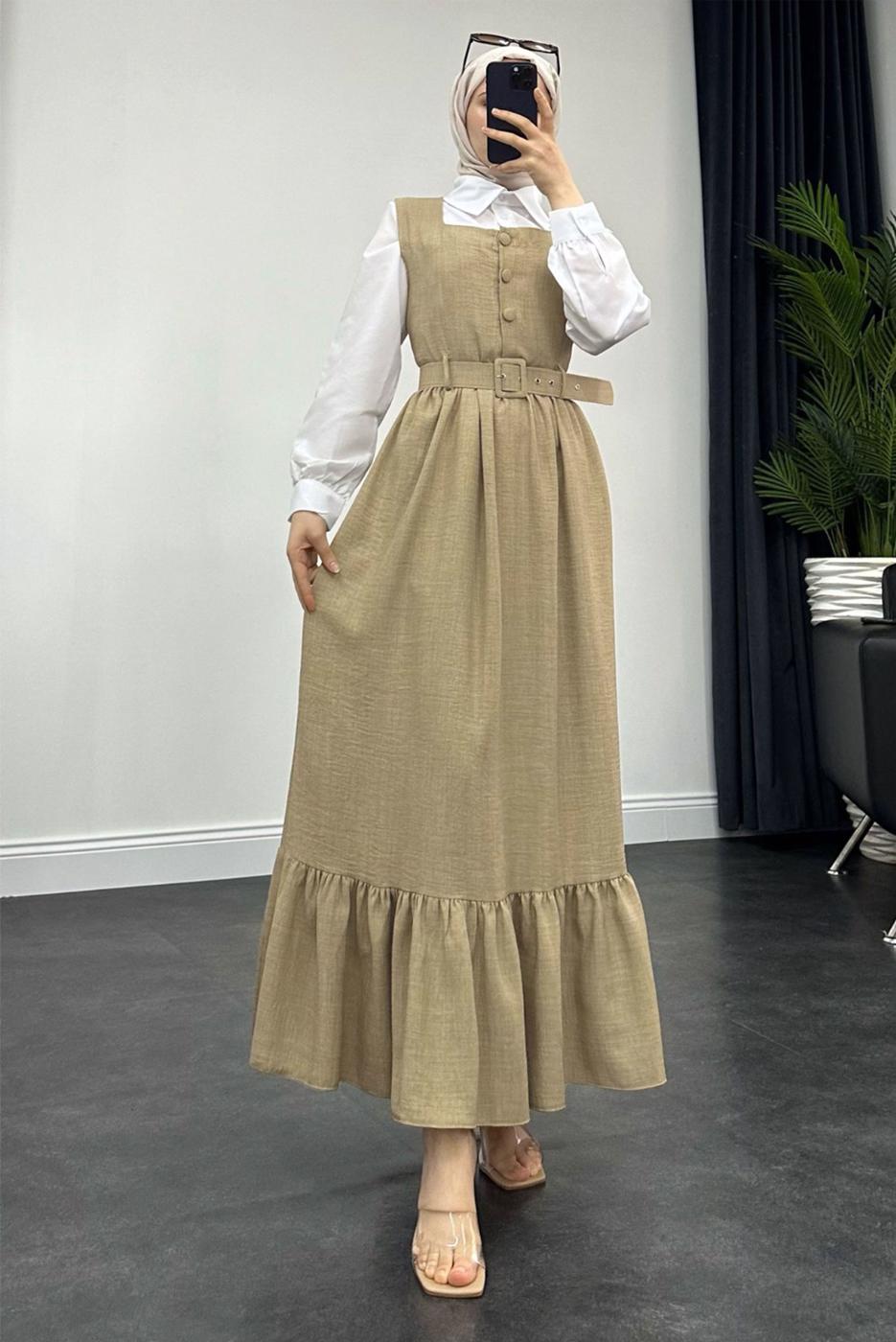 Tesettür giyim BEJ KEMERLİ JİLE ELBİSE T 7945