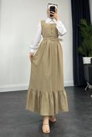 Tesettür giyim BEJ KEMERLİ JİLE ELBİSE T 7945