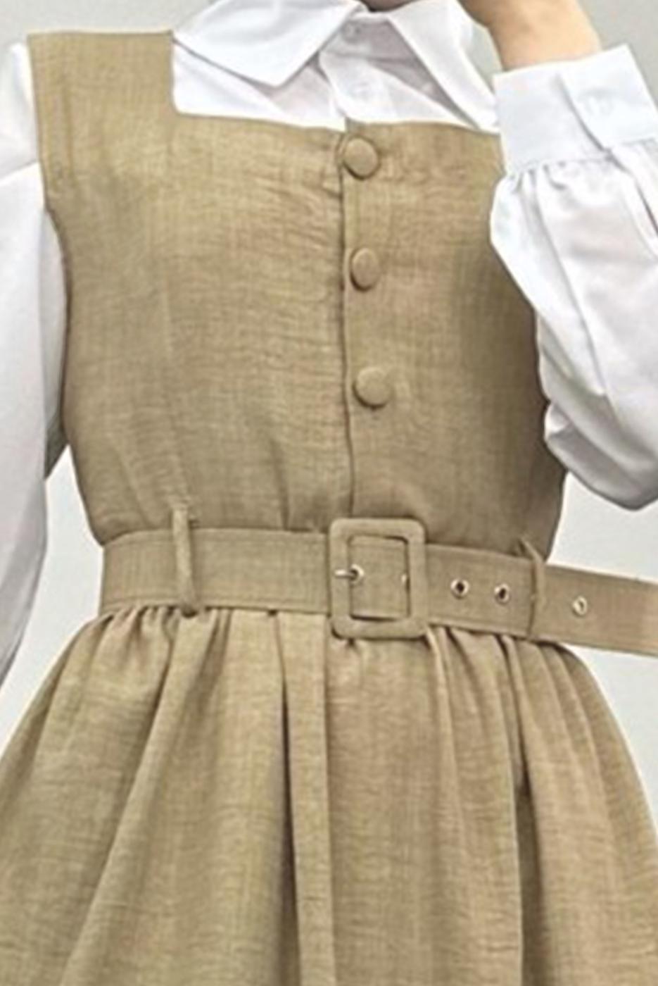 Tesettür giyim BEJ KEMERLİ JİLE ELBİSE T 7945