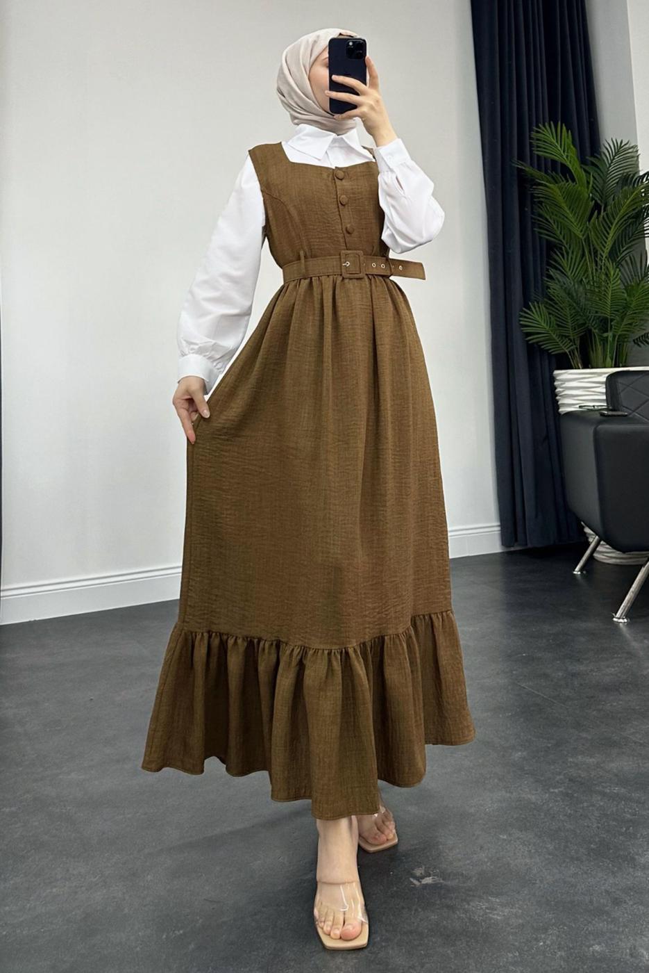 Tesettür giyim KAHVE KEMERLİ JİLE ELBİSE T 7945