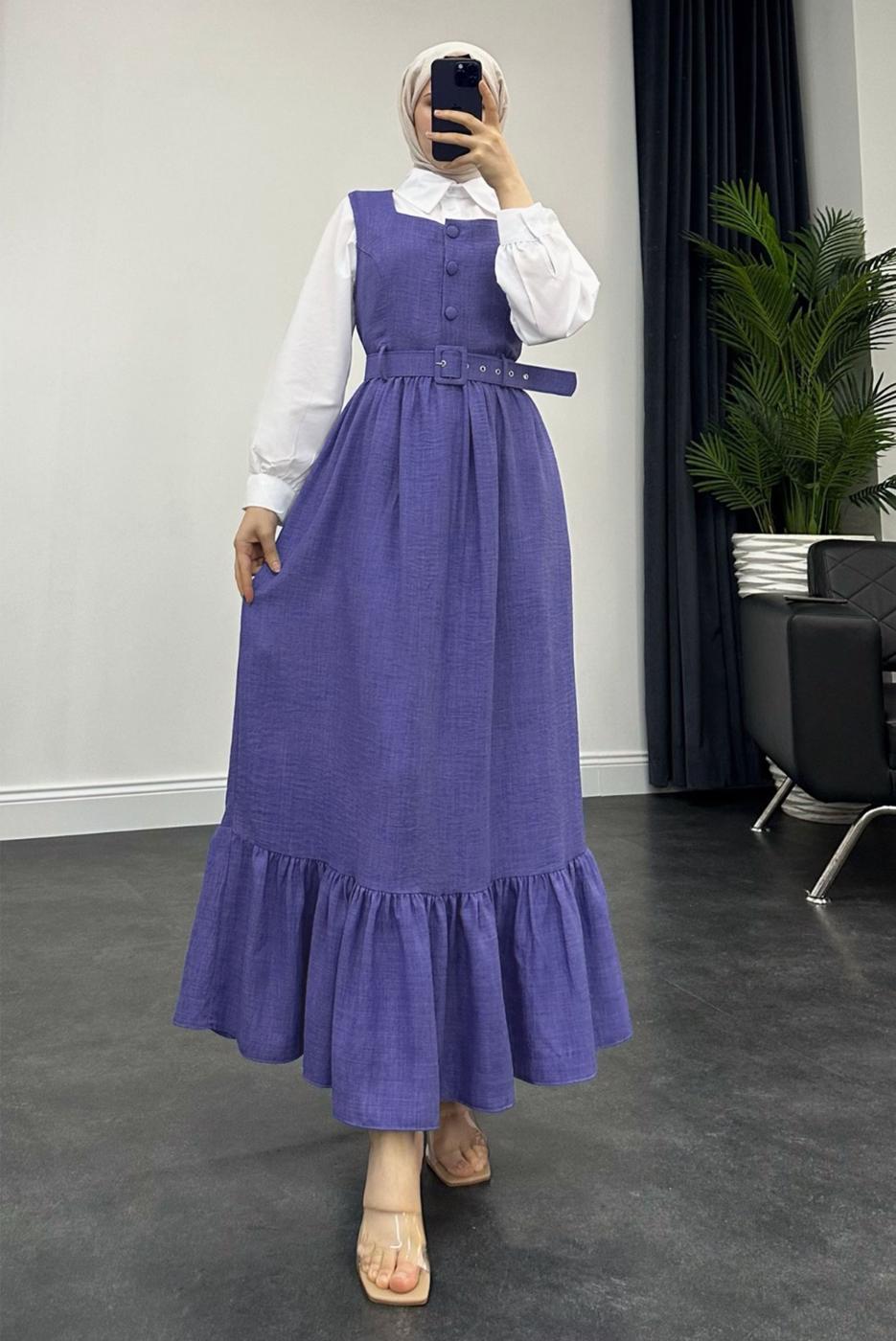 Tesettür giyim LACİVERT KEMERLİ JİLE ELBİSE T 7945