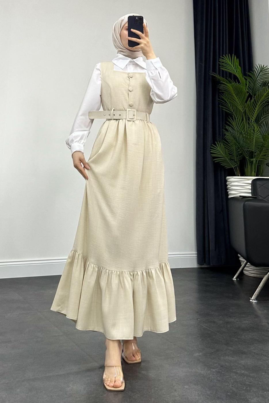 Tesettür giyim BEJ KEMERLİ JİLE ELBİSE T 7945