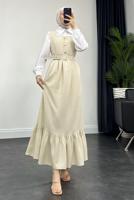 Tesettür giyim BEJ KEMERLİ JİLE ELBİSE T 7945