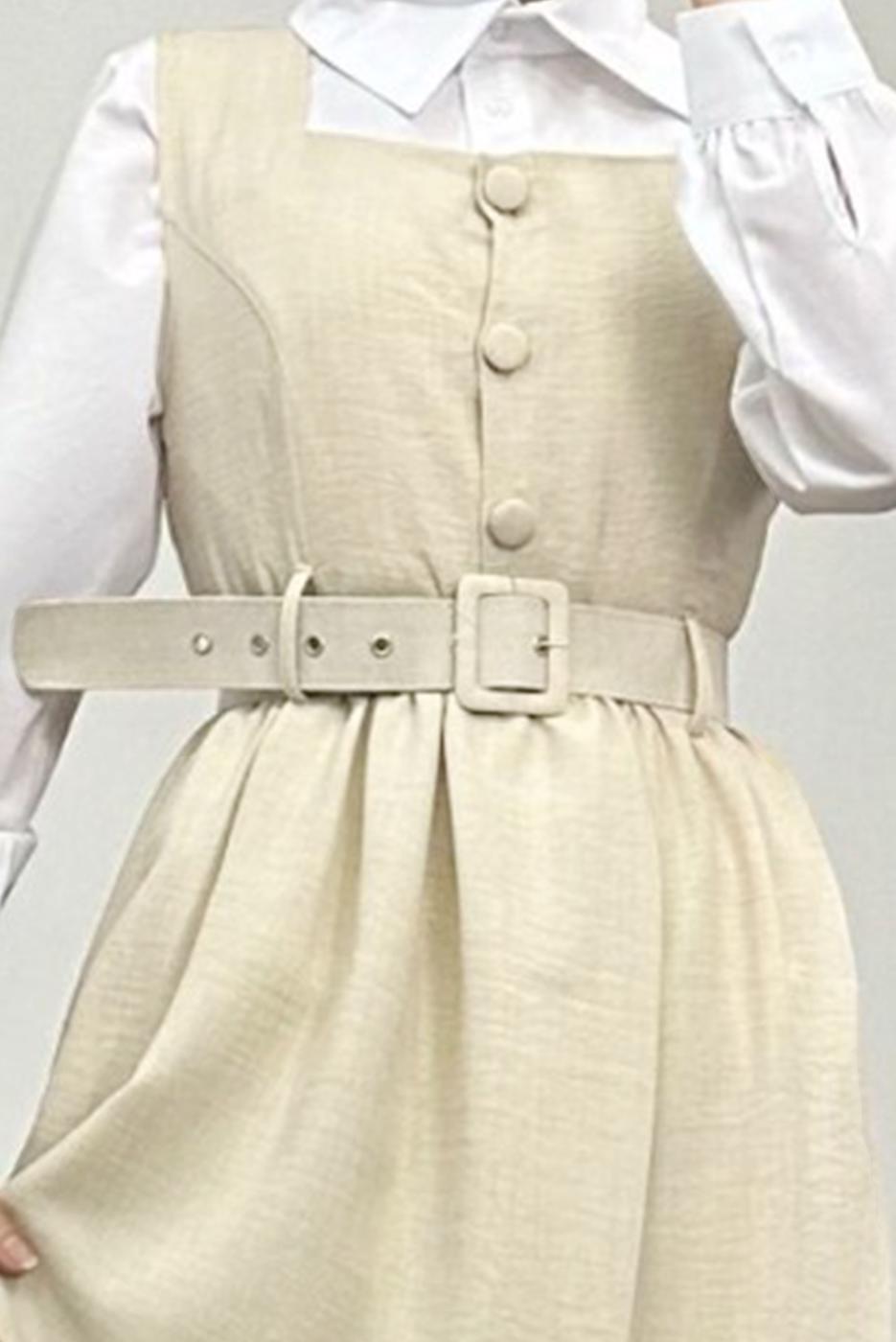 Tesettür giyim BEJ KEMERLİ JİLE ELBİSE T 7945