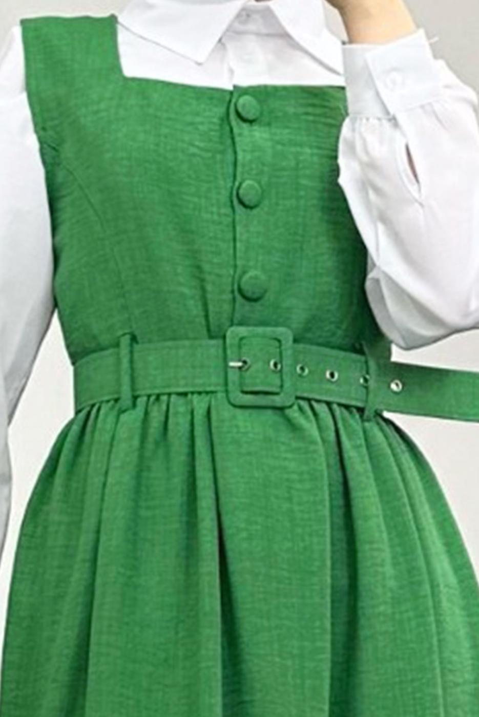 Tesettür giyim YEŞİL KEMERLİ JİLE ELBİSE T 7945