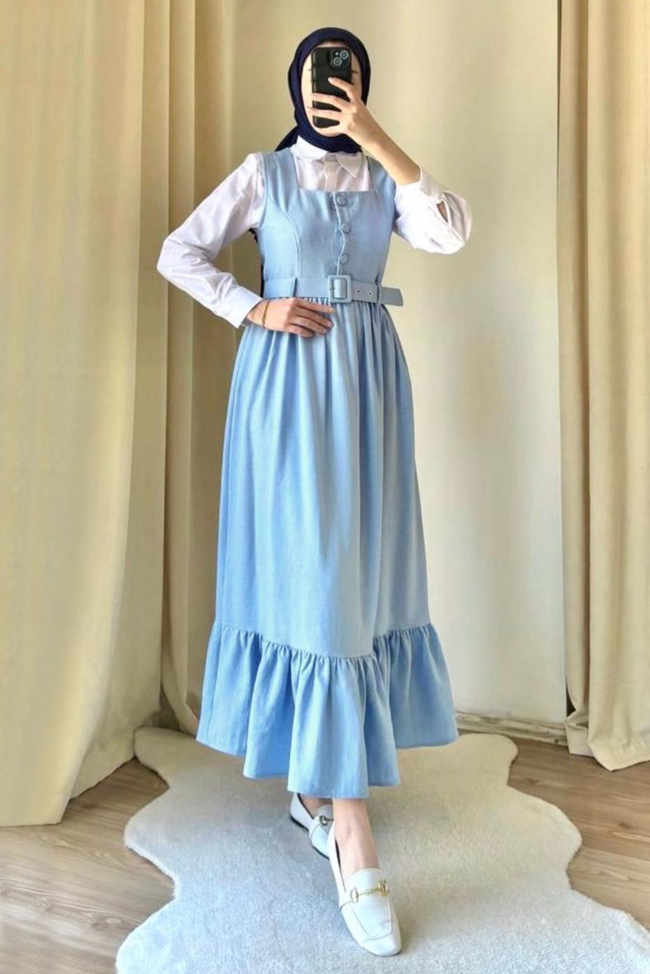 Tesettür giyim MAVİ KEMERLİ JİLE ELBİSE T 7945