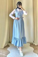 Tesettür giyim MAVİ KEMERLİ JİLE ELBİSE T 7945