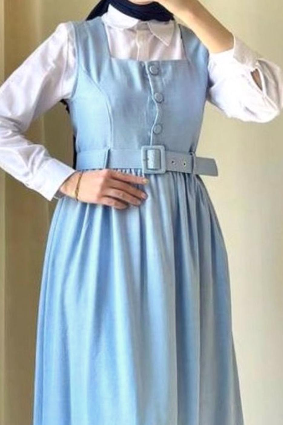 Tesettür giyim MAVİ KEMERLİ JİLE ELBİSE T 7945