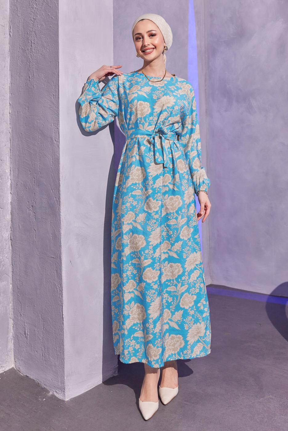 Tesettür giyim MAVİ KUŞAKLI DESENLİ ELBİSE T 7993