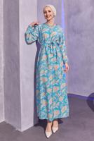 Tesettür giyim MAVİ KUŞAKLI DESENLİ ELBİSE T 7993