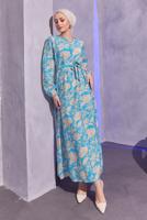 Tesettür giyim MAVİ KUŞAKLI DESENLİ ELBİSE T 7993