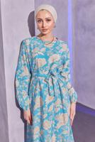 Tesettür giyim MAVİ KUŞAKLI DESENLİ ELBİSE T 7993