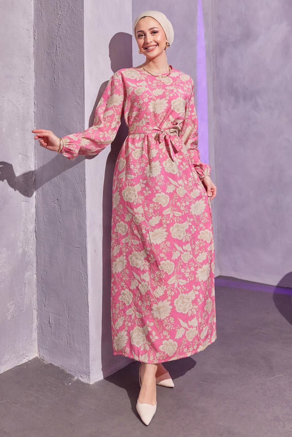 Tesettür giyim FUŞYA KUŞAKLI DESENLİ ELBİSE T 7993