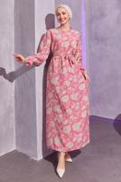 Tesettür giyim FUŞYA KUŞAKLI DESENLİ ELBİSE T 7993