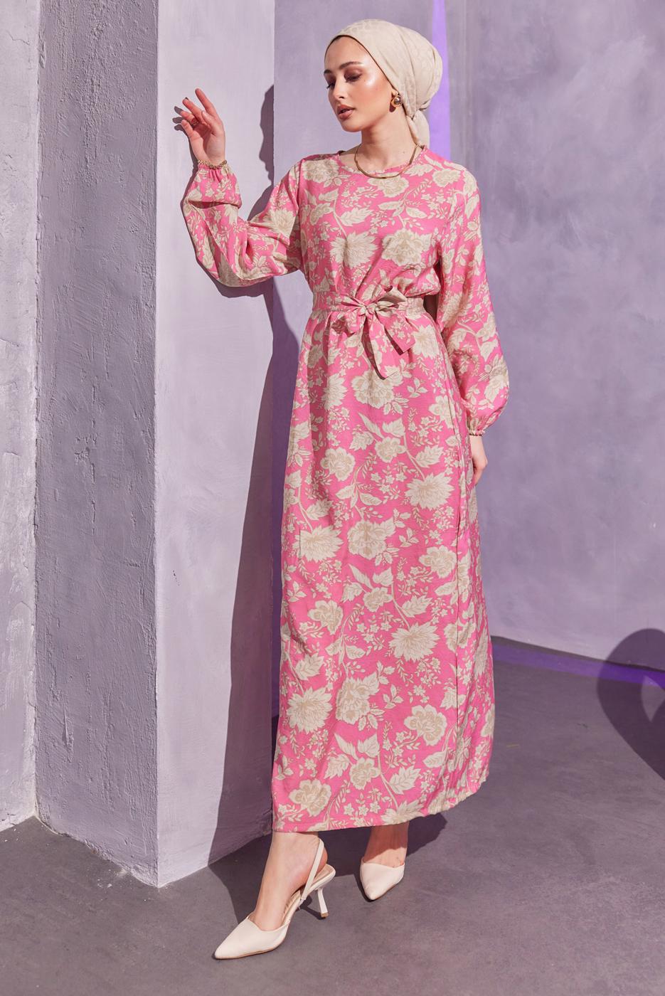 Tesettür giyim FUŞYA KUŞAKLI DESENLİ ELBİSE T 7993