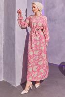 Tesettür giyim FUŞYA KUŞAKLI DESENLİ ELBİSE T 7993