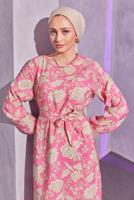 Tesettür giyim FUŞYA KUŞAKLI DESENLİ ELBİSE T 7993