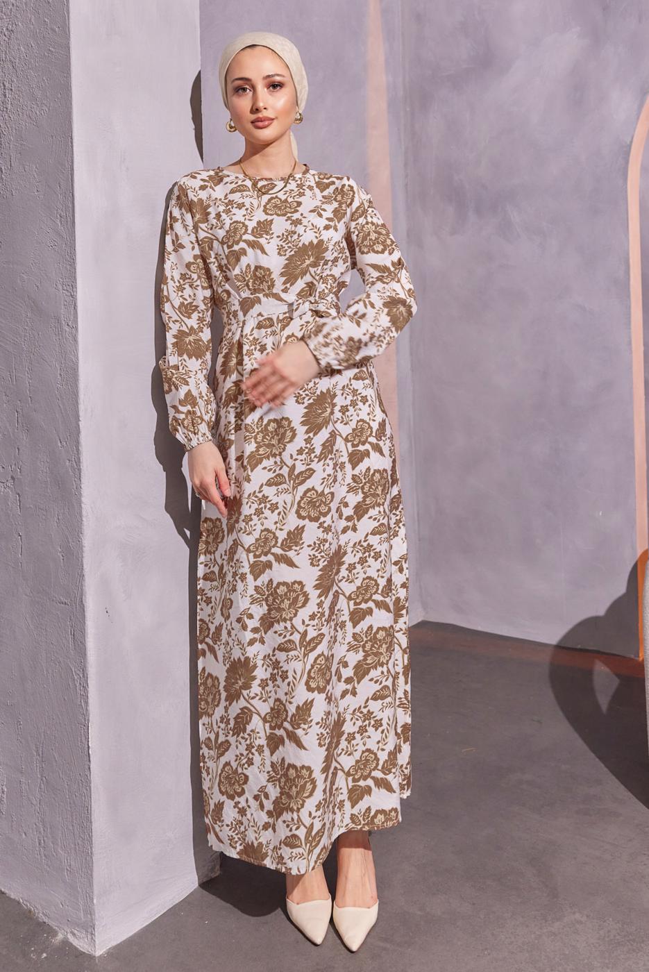 Tesettür giyim KAHVE KUŞAKLI DESENLİ ELBİSE T 7993