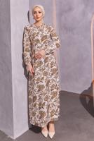 Tesettür giyim KAHVE KUŞAKLI DESENLİ ELBİSE T 7993