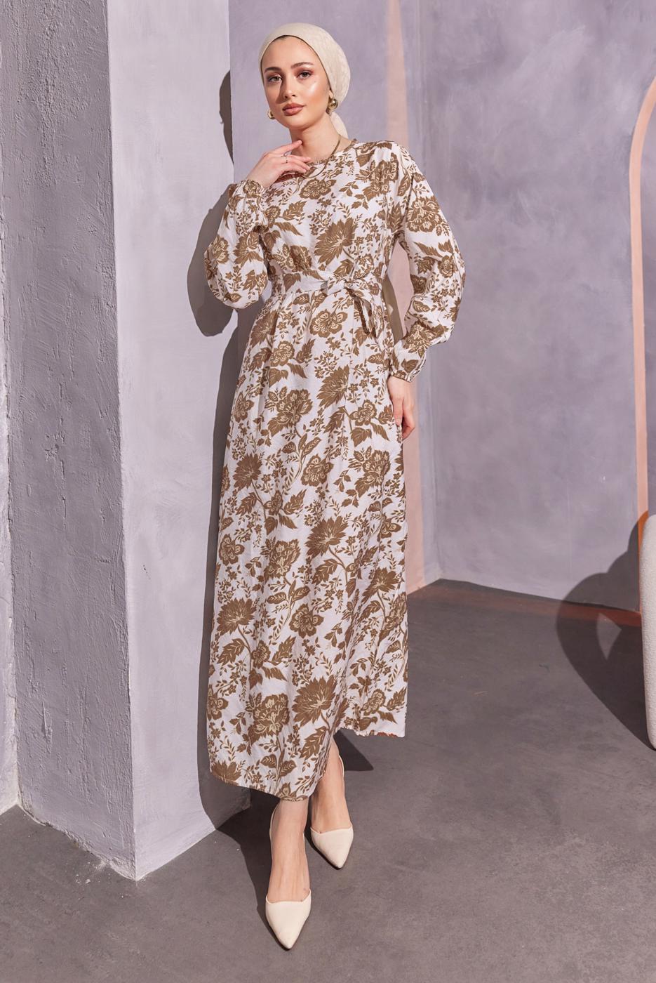 Tesettür giyim KAHVE KUŞAKLI DESENLİ ELBİSE T 7993