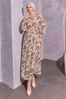 Tesettür giyim KAHVE KUŞAKLI DESENLİ ELBİSE T 7993