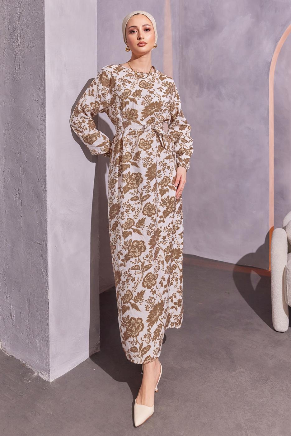 Tesettür giyim KAHVE KUŞAKLI DESENLİ ELBİSE T 7993