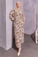 Tesettür giyim KAHVE KUŞAKLI DESENLİ ELBİSE T 7993