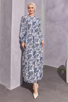 Tesettür giyim LACİVERT KUŞAKLI DESENLİ ELBİSE T 7993