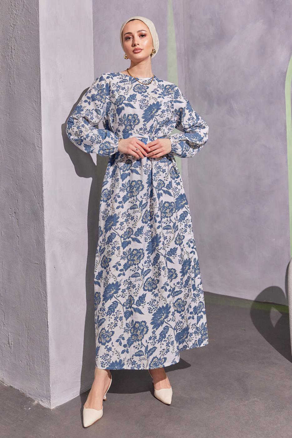 Tesettür giyim LACİVERT KUŞAKLI DESENLİ ELBİSE T 7993
