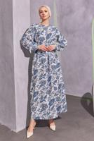 Tesettür giyim LACİVERT KUŞAKLI DESENLİ ELBİSE T 7993