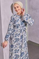 Tesettür giyim LACİVERT KUŞAKLI DESENLİ ELBİSE T 7993