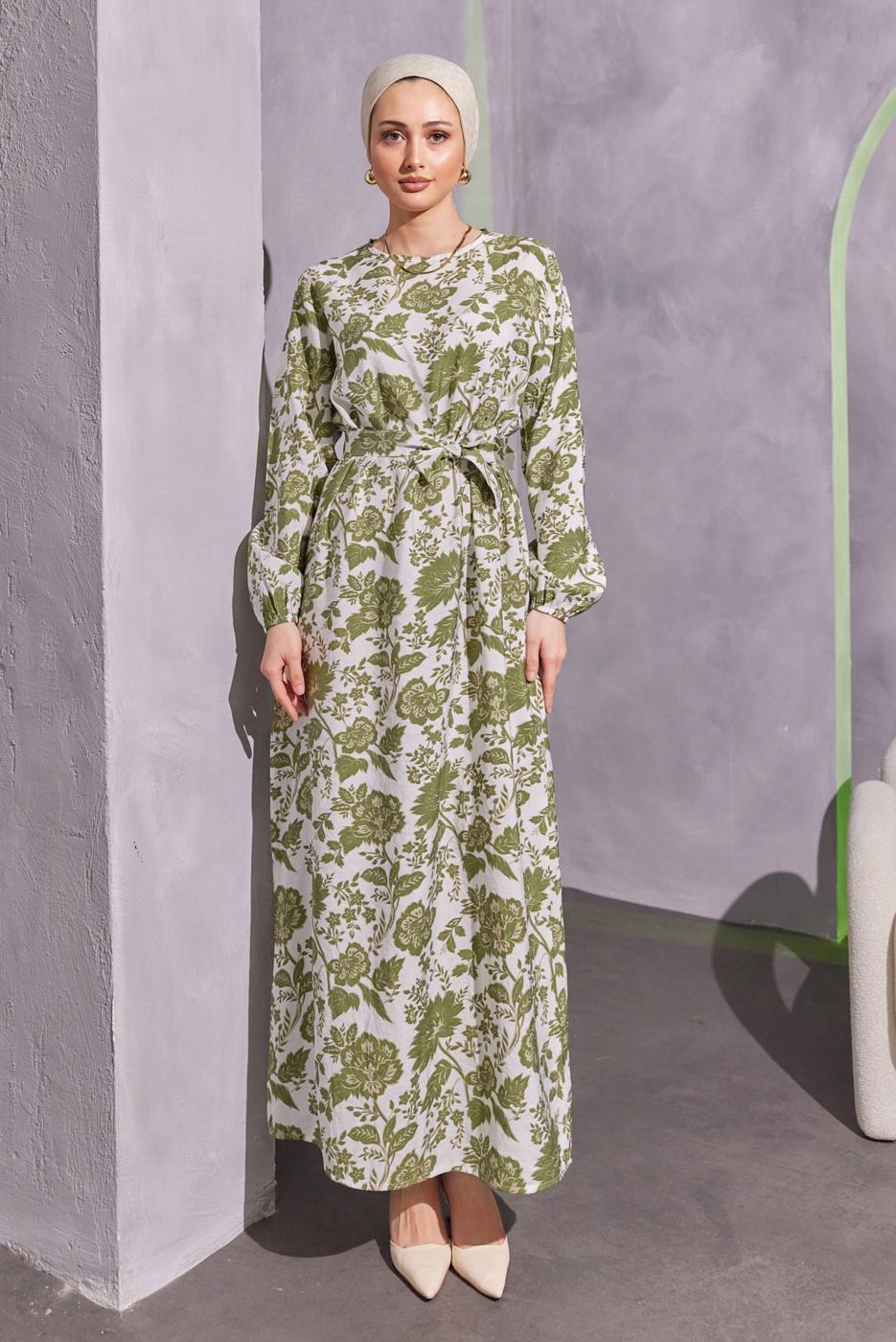 Tesettür giyim YEŞİL KUŞAKLI DESENLİ ELBİSE T 7993