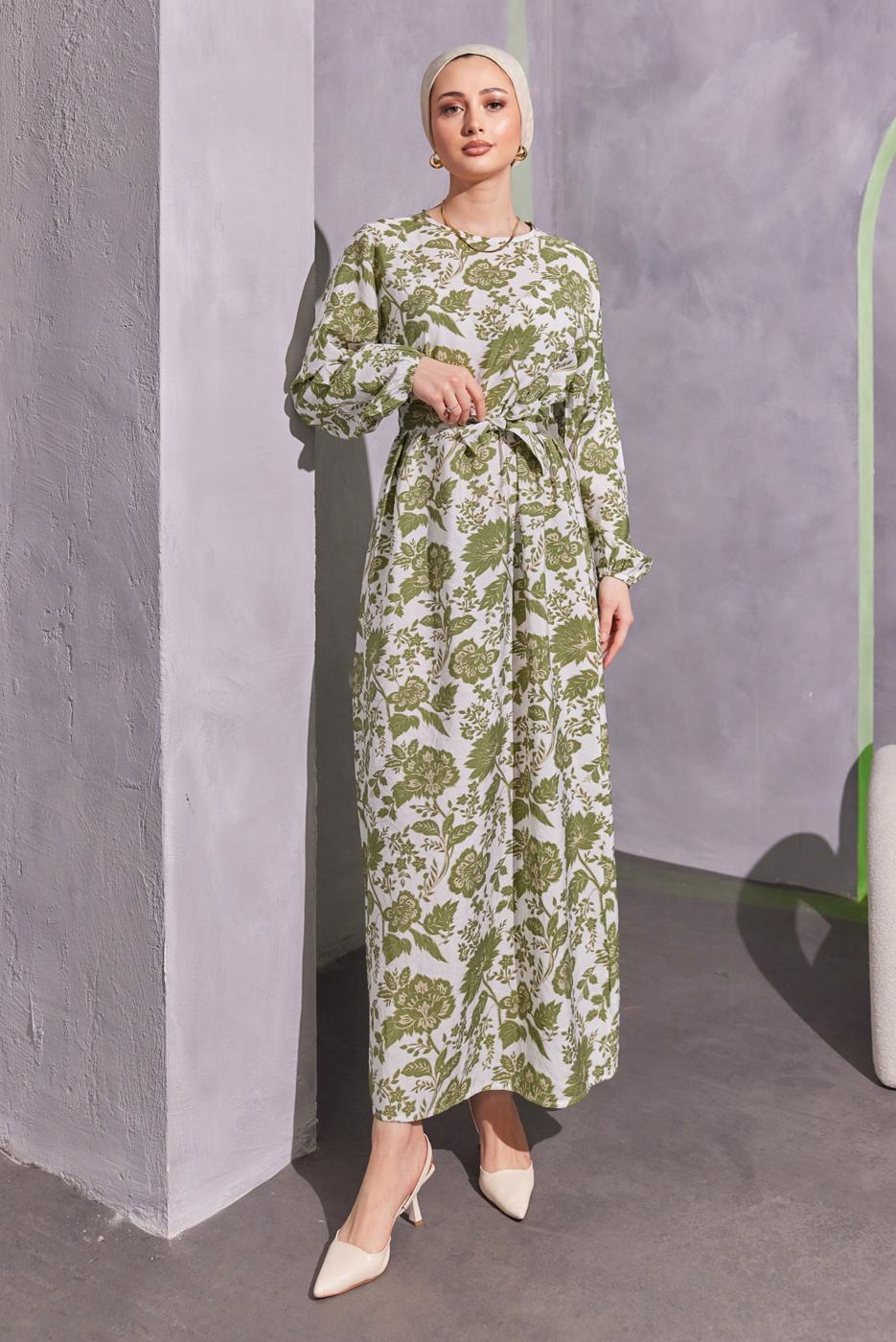 Tesettür giyim YEŞİL KUŞAKLI DESENLİ ELBİSE T 7993