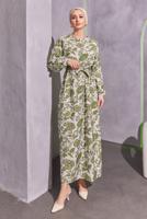 Tesettür giyim YEŞİL KUŞAKLI DESENLİ ELBİSE T 7993