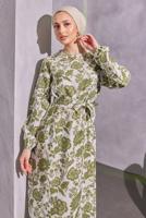 Tesettür giyim YEŞİL KUŞAKLI DESENLİ ELBİSE T 7993