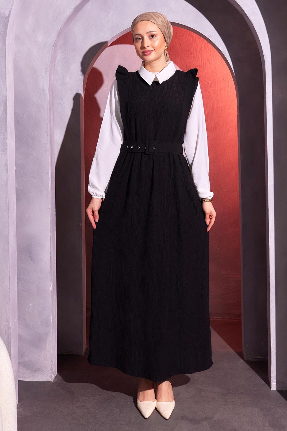 Tesettür giyim SİYAH KEMERLİ İKİLİ BÜRÜMCÜK ELBİSE T 8014