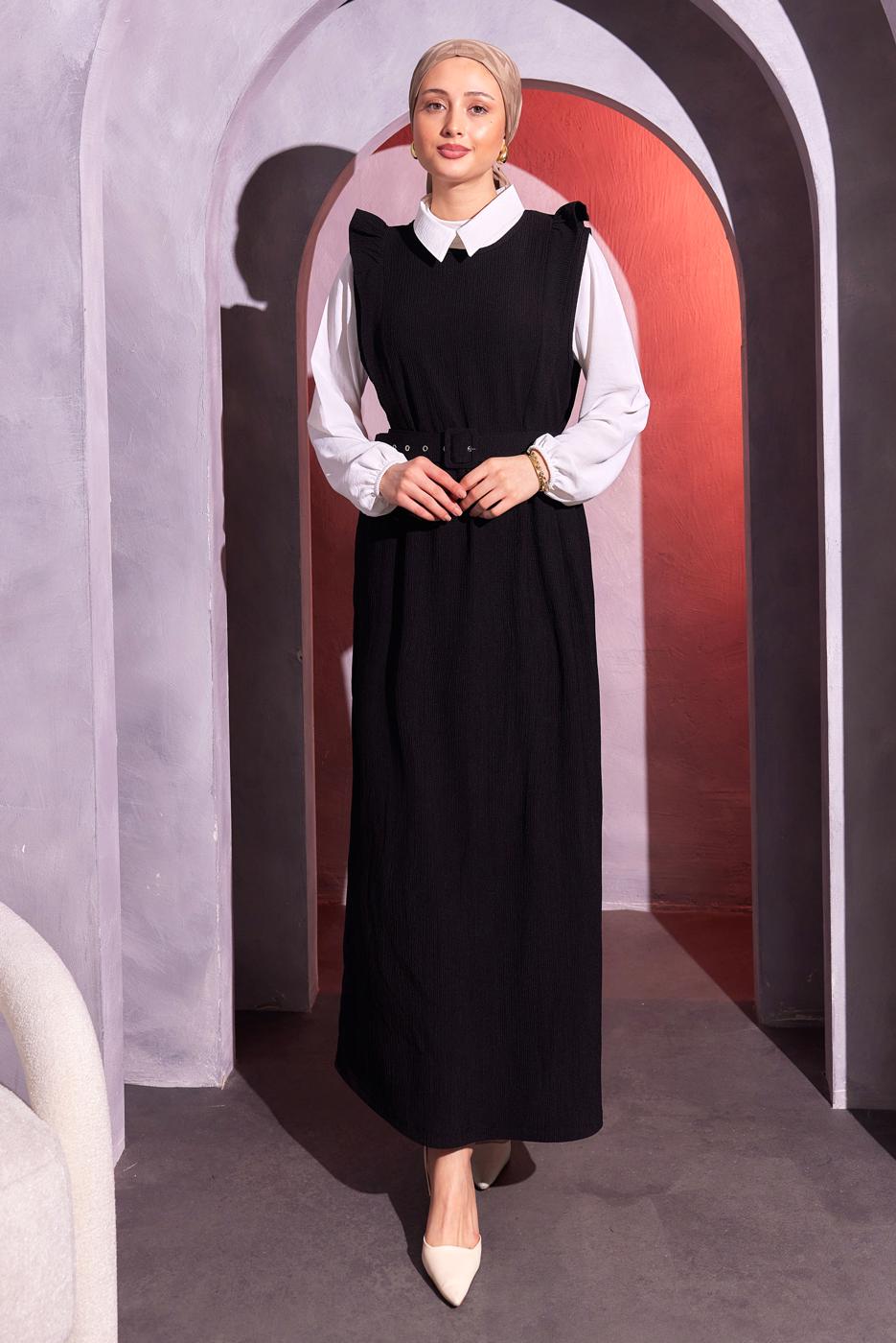 Tesettür giyim SİYAH KEMERLİ İKİLİ BÜRÜMCÜK ELBİSE T 8014
