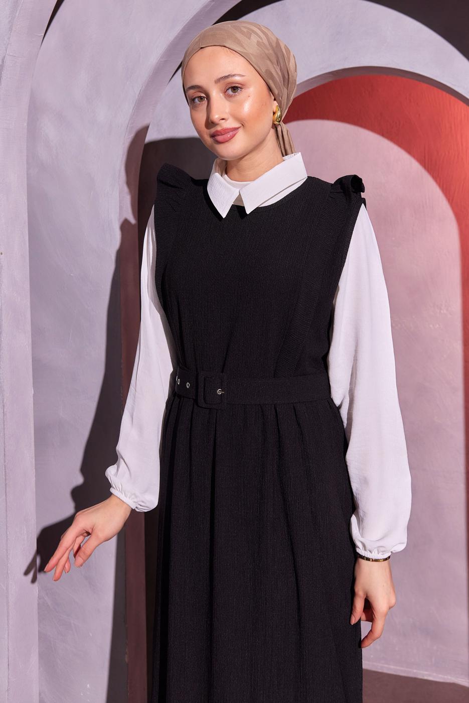 Tesettür giyim SİYAH KEMERLİ İKİLİ BÜRÜMCÜK ELBİSE T 8014