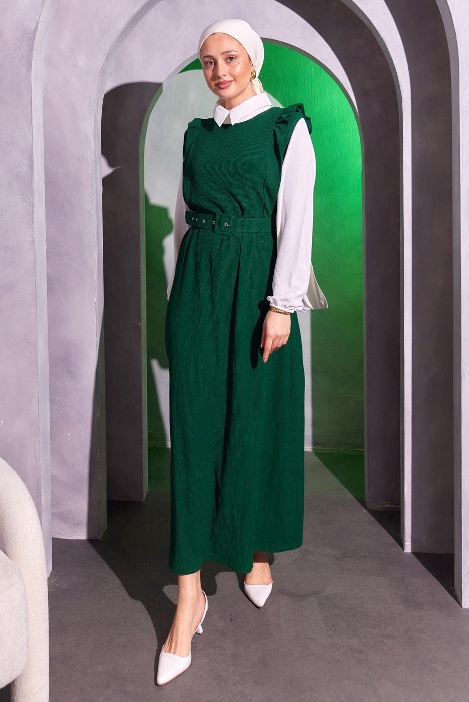 Tesettür giyim YEŞİL KEMERLİ İKİLİ BÜRÜMCÜK ELBİSE T 8014