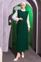 Tesettür giyim YEŞİL KEMERLİ İKİLİ BÜRÜMCÜK ELBİSE T 8014