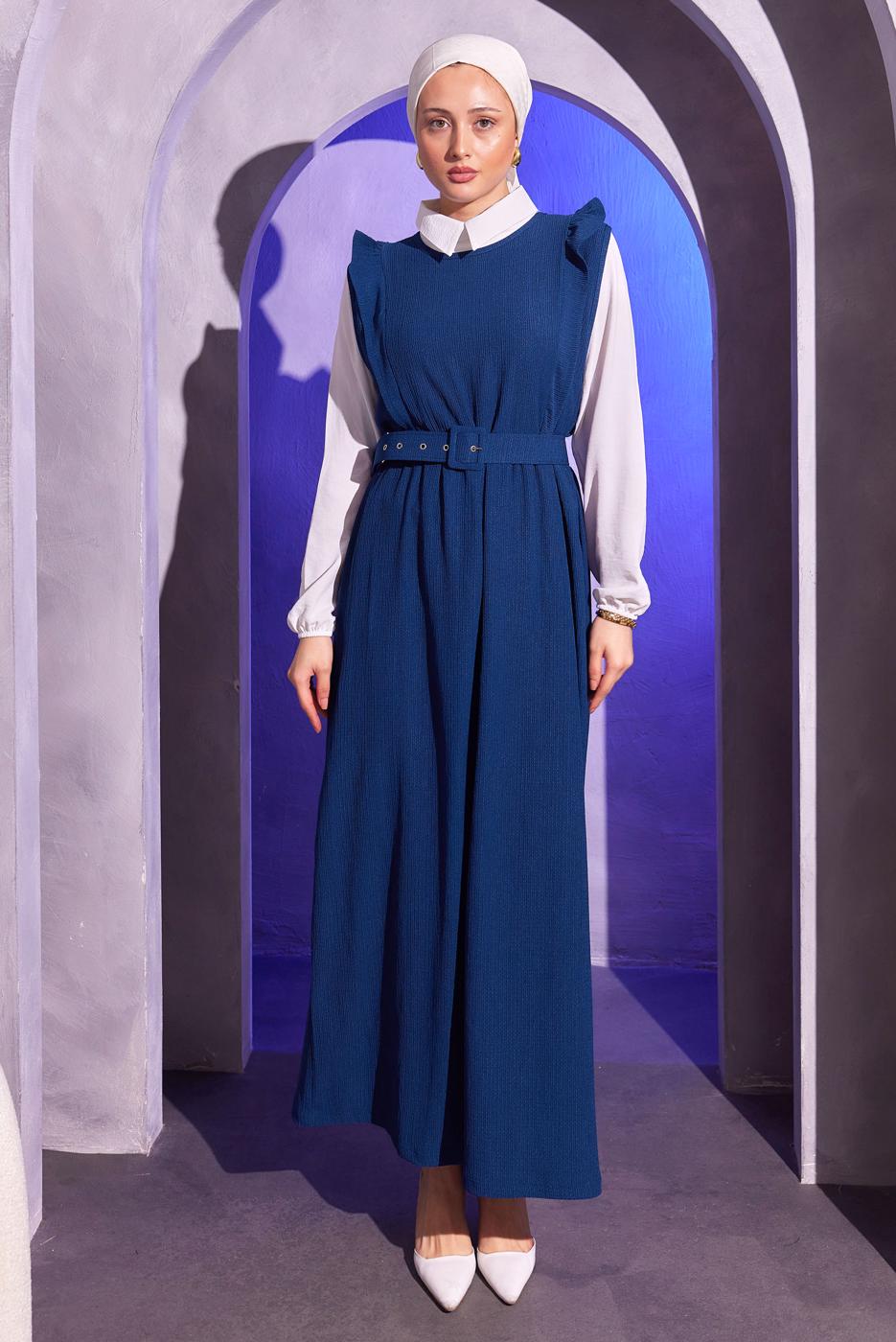 Tesettür giyim LACİVERT KEMERLİ İKİLİ BÜRÜMCÜK ELBİSE T 8014
