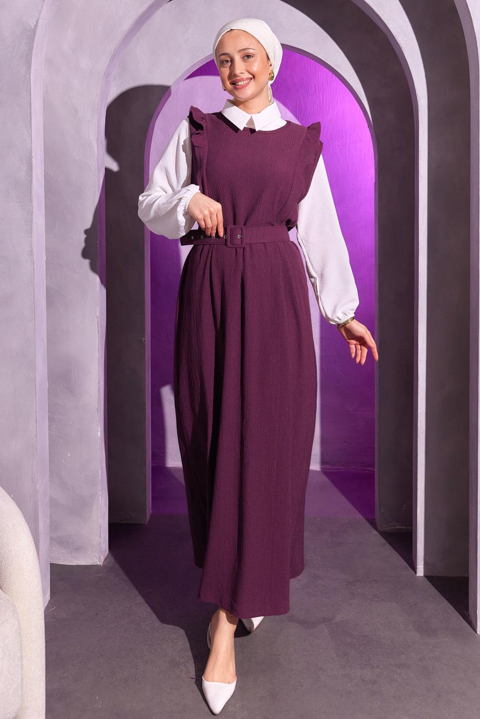 Tesettür giyim MOR KEMERLİ İKİLİ BÜRÜMCÜK ELBİSE T 8014
