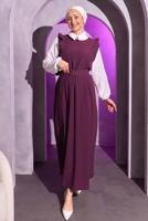Tesettür giyim MOR KEMERLİ İKİLİ BÜRÜMCÜK ELBİSE T 8014