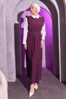 Tesettür giyim MOR KEMERLİ İKİLİ BÜRÜMCÜK ELBİSE T 8014