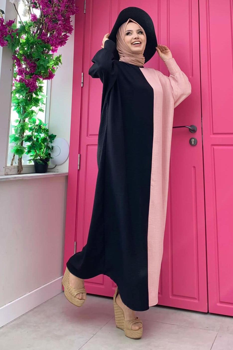 Tesettür giyim SİYAH İKİ RENKLİ SALAŞ ELBİSE T 8083