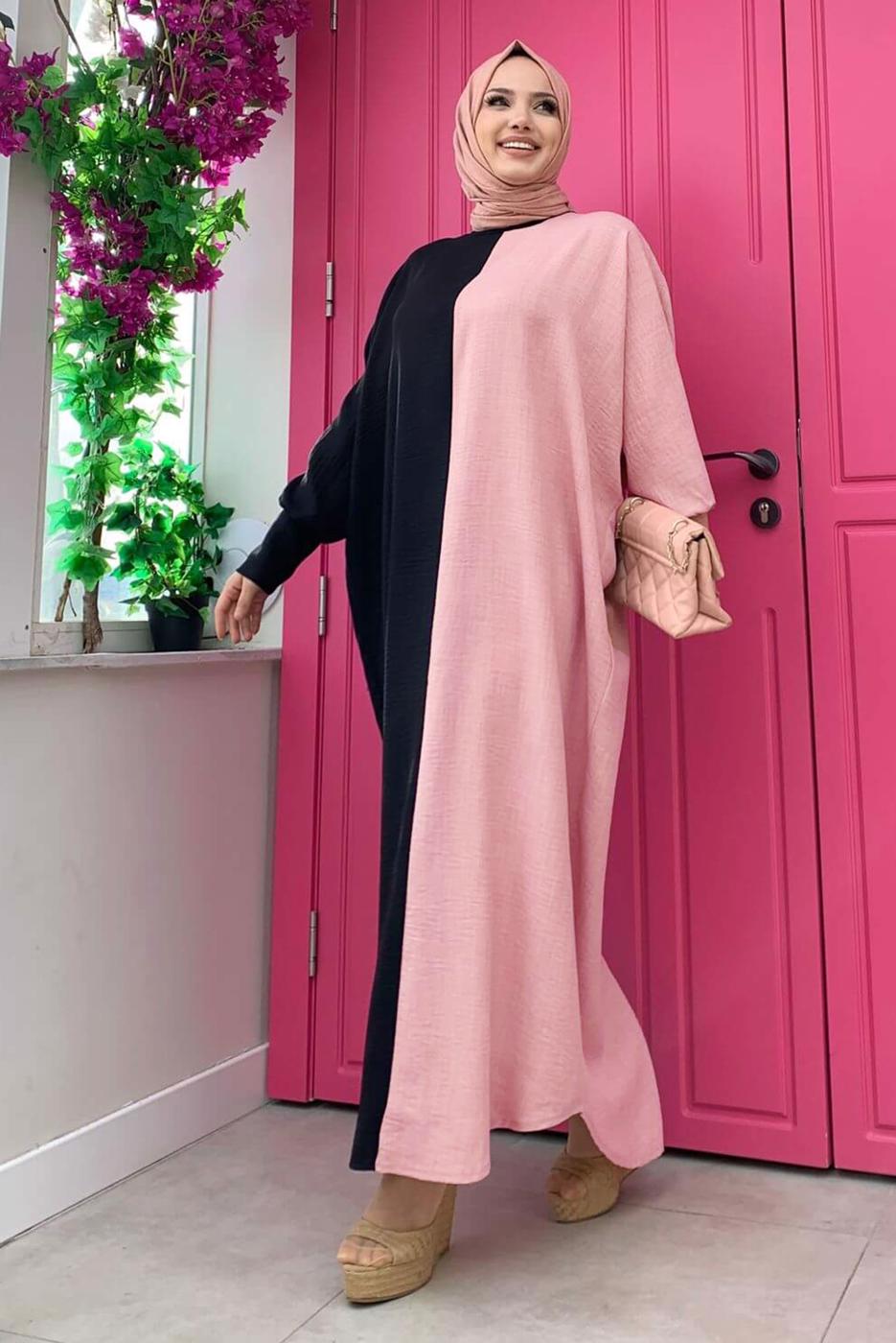 Tesettür giyim SİYAH İKİ RENKLİ SALAŞ ELBİSE T 8083