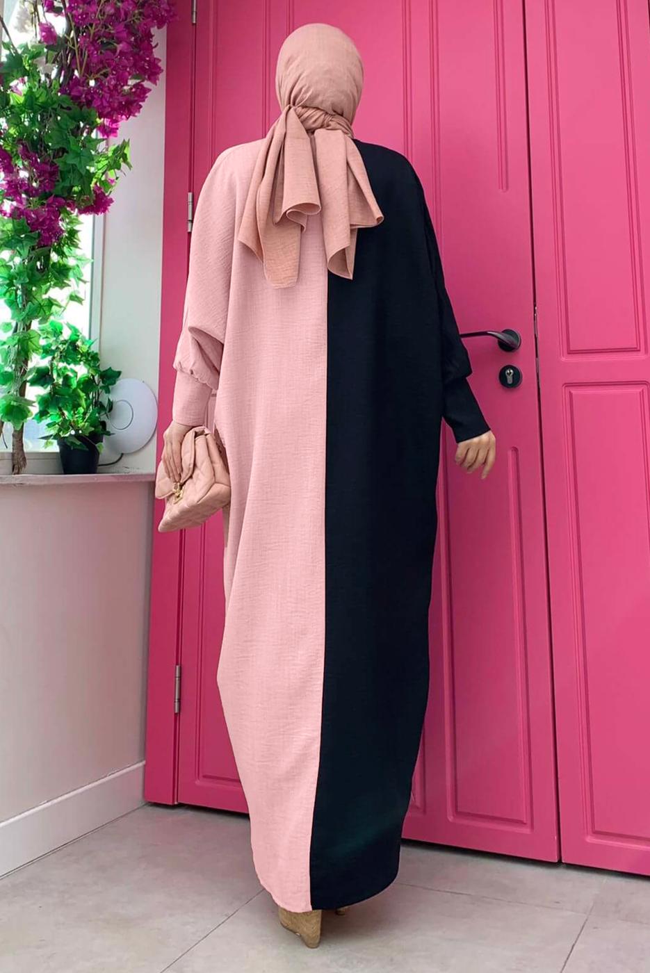 Tesettür giyim SİYAH İKİ RENKLİ SALAŞ ELBİSE T 8083