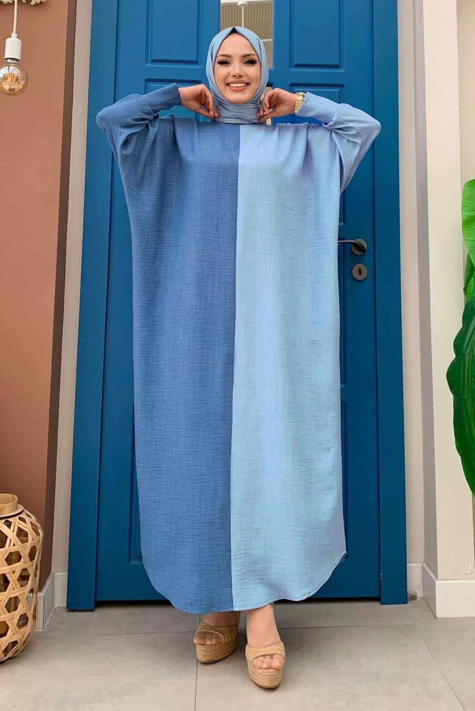 Tesettür giyim MAVİ İKİ RENKLİ SALAŞ ELBİSE T 8083