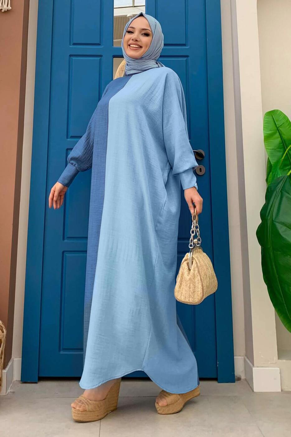 Tesettür giyim MAVİ İKİ RENKLİ SALAŞ ELBİSE T 8083